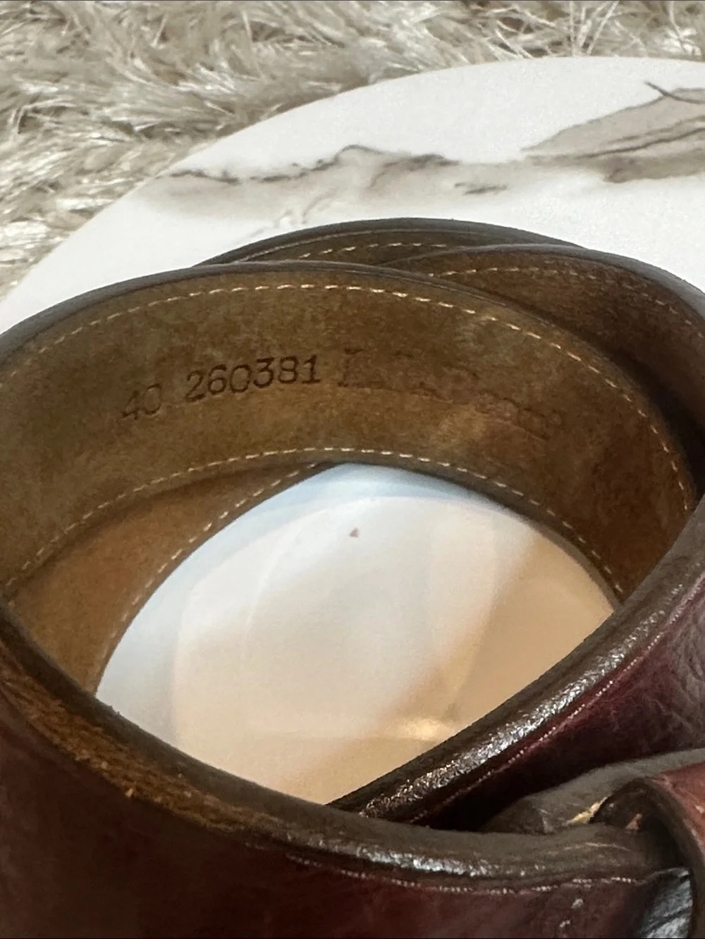 Preloved Vintage L.L. Bean 12 Gauge Dark Brown Leather Belt, Brass Buckle, 40